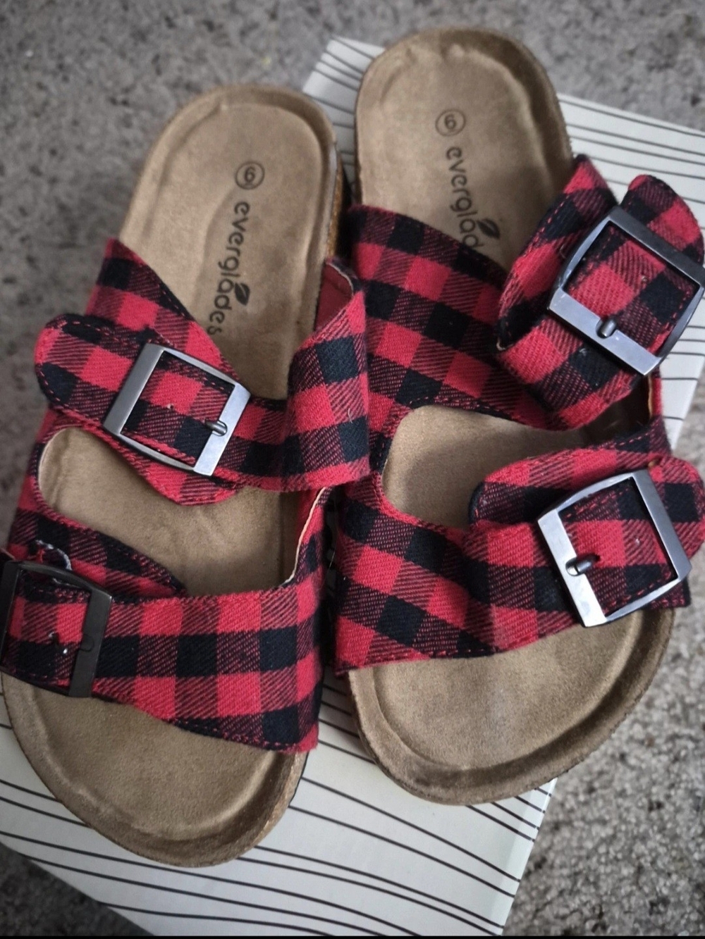 Everglades Red & Black Plaid Buckle Slide Sandals